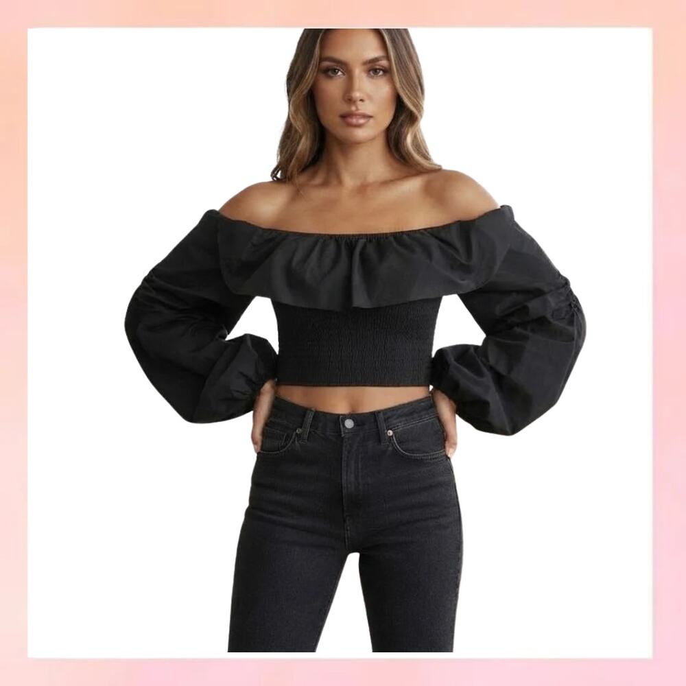 PrettyLittleThing Black Off-The-Shoulder Smocked Balloon Sleeve Crop Top US 12